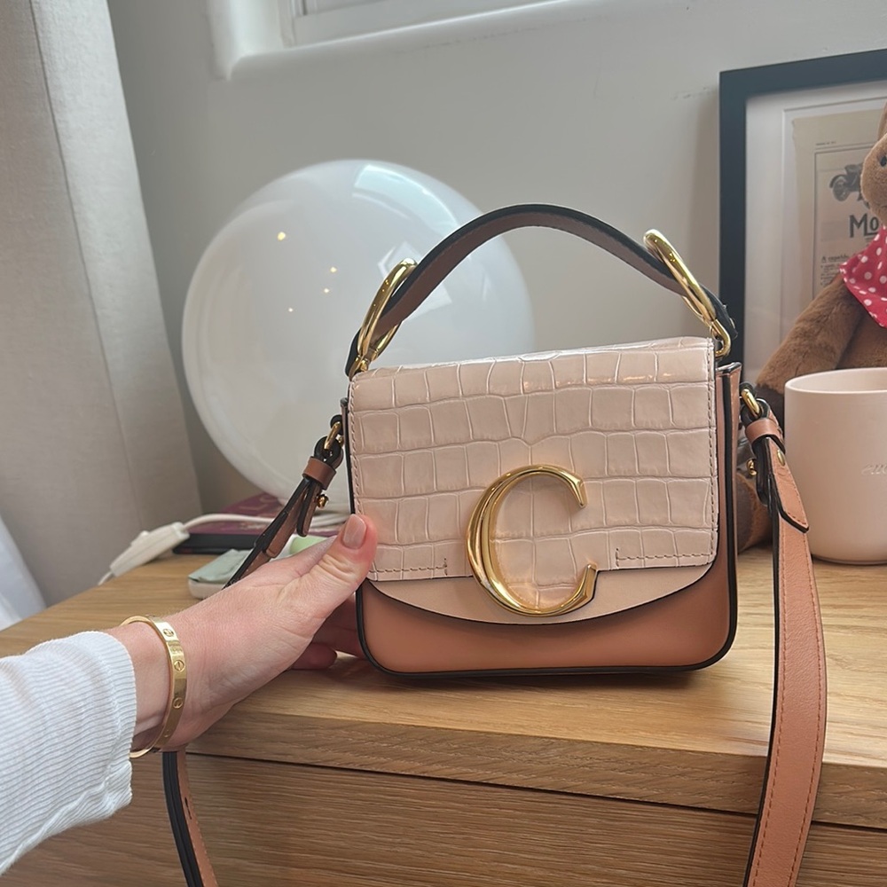 Chloe Pink and Tan Crossbody Bag with Gold C Logo